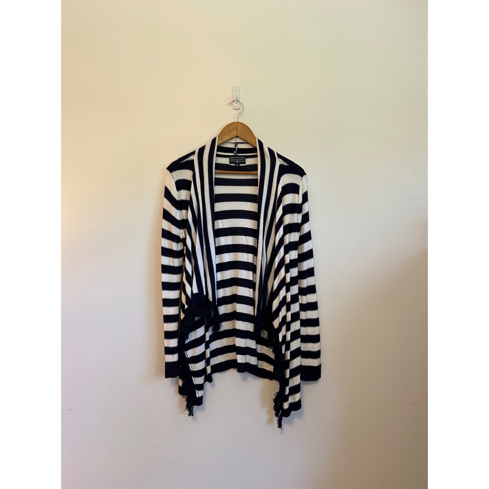Duffield Lane Striped Fringe Open Front Silk‎ Blend Cardigan | Size Small